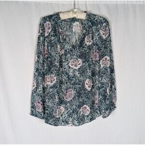Loft Blouse L Women's Green Floral Long Sleeve Flowy Fit Pullover Vneck